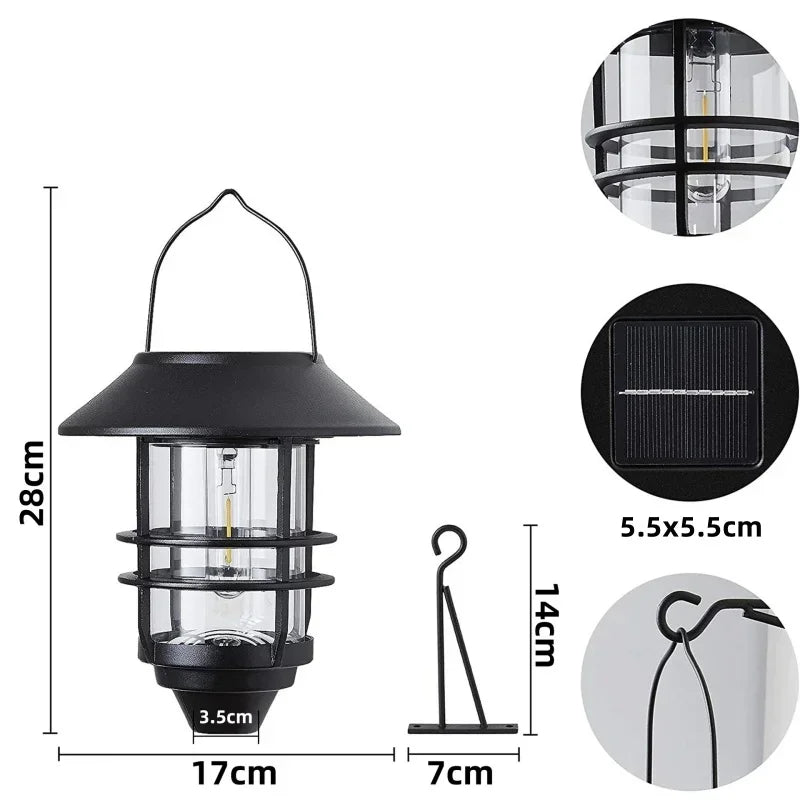 Outdoor LED Solar Lights Retro Lantern Hanging Wall Lamp Waterproof Vintage Metal Solar Garden Lights Villa Porch Tungsten Bulb