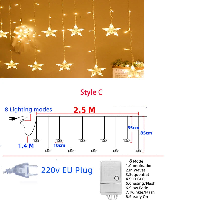 LED svetleća zavesa sa zvezdama i prazničnim figurama