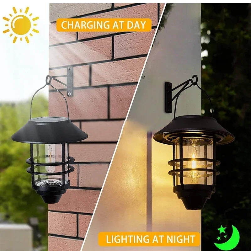 Outdoor LED Solar Lights Retro Lantern Hanging Wall Lamp Waterproof Vintage Metal Solar Garden Lights Villa Porch Tungsten Bulb