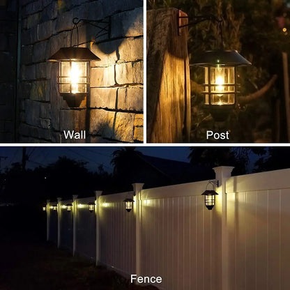 Outdoor LED Solar Lights Retro Lantern Hanging Wall Lamp Waterproof Vintage Metal Solar Garden Lights Villa Porch Tungsten Bulb